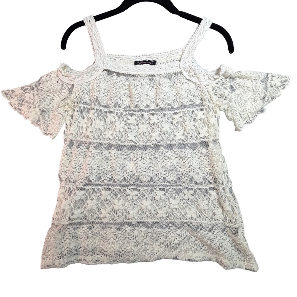 Girls XL Ivory Lace Cold Shoulder Top Crochet Boho Blouse Romantic Coquette